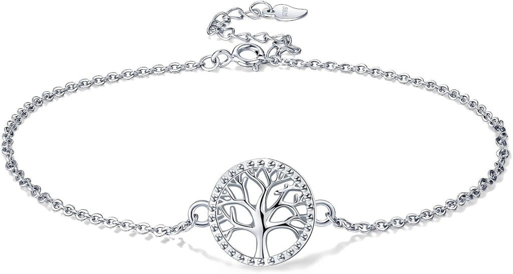 Flat lay view of an intricate 925 sterling silver Tree of Life motif anklet on a white background.