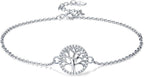 Flat lay view of an intricate 925 sterling silver Tree of Life motif anklet on a white background.