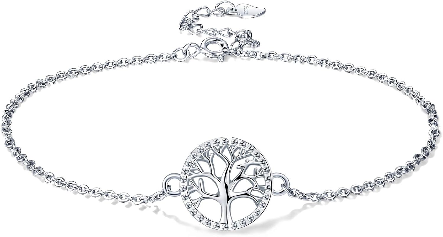 Flat lay view of an intricate 925 sterling silver Tree of Life motif anklet on a white background.