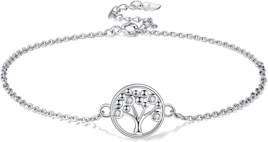 A silver chain bracelet with a circular tree-of-life pendant, shown on a clean white background.