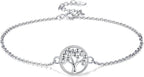 A silver chain bracelet with a circular tree-of-life pendant, shown on a clean white background.