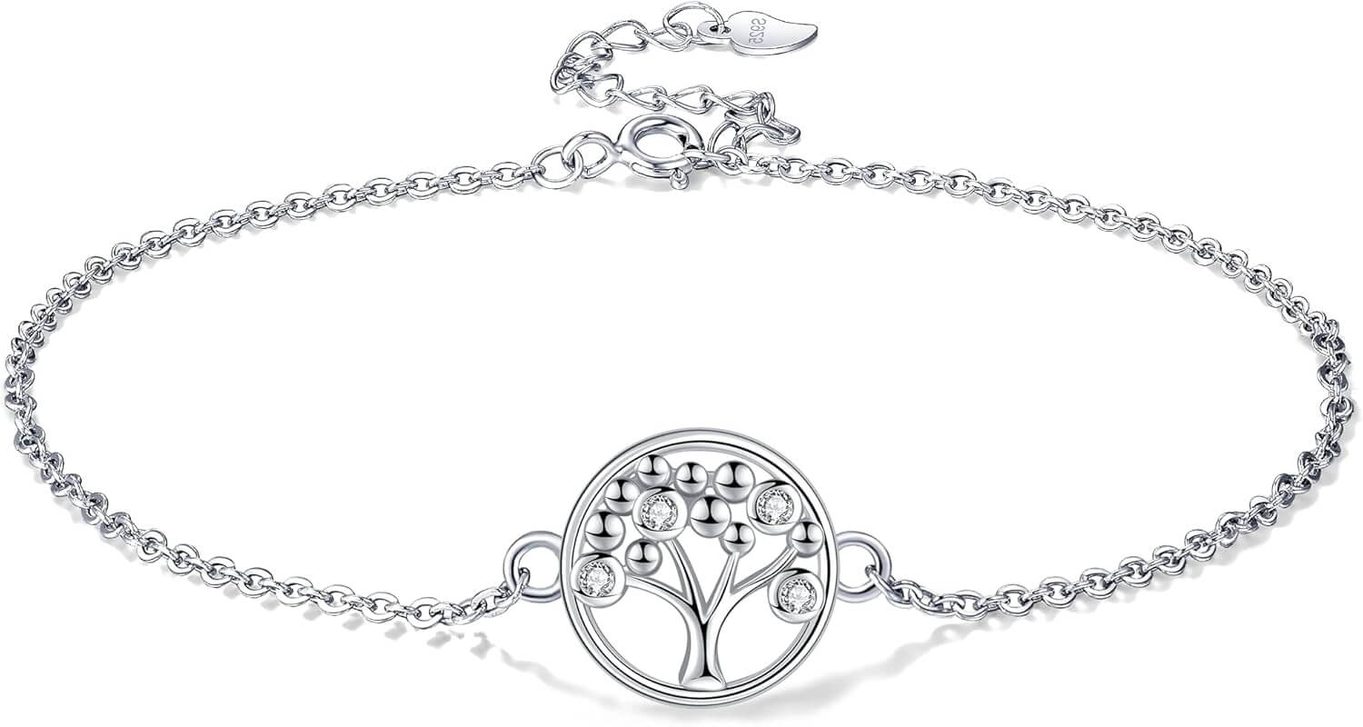 A silver chain bracelet with a circular tree-of-life pendant, shown on a clean white background.
