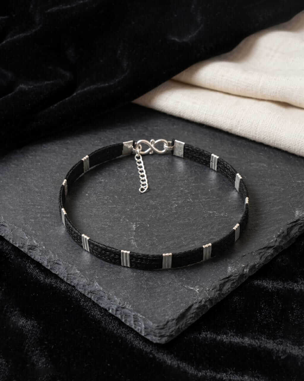 Aamani Mens Black Thread Silver Bracelet by RishiRich Jewels