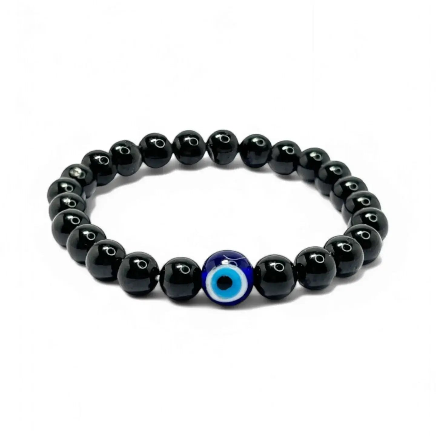 A stylish bracelet featuring black obsidian beads and a single blue evil eye charm at the center.