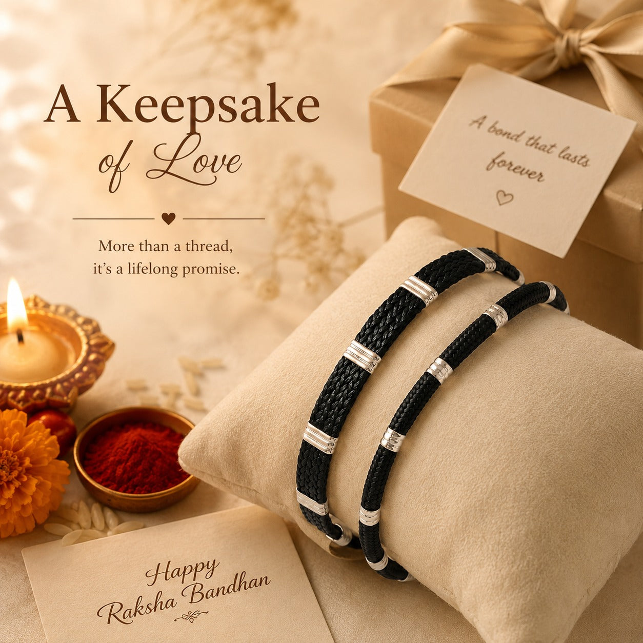 Two black braided Raksha Bandhan bracelets with silver metallic accents displayed on a beige cushion, alongside a gift box, lit candle, flowers, and greeting cards with the text 'A Keepsake of Love' and 'Happy Raksha Bandhan'.