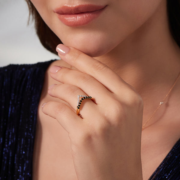 Elegant Crown Mangalsutra Ring in pure 92.5 silver, featuring sparkling American diamonds and traditional black beads.