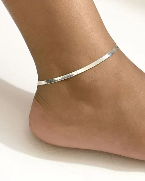 Elegant Flat Snake Chain Sterling Silver Anklet for Women - Minimalist Design in 92.5% Pure Silver