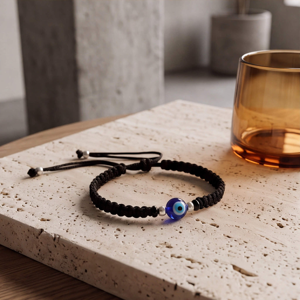 A black beaded cord bracelet with a blue and white evil eye bead, resting on a light beige stone slab next to an amber glass tumbler.