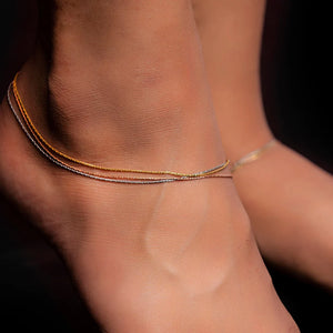 Triple Layer Three-Tone Sterling Silver Chain Anklet featuring silver, gold, and rose gold finishes - 92.5% pure silver design for women.