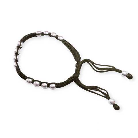 Handwoven black thread silver bead bracelet